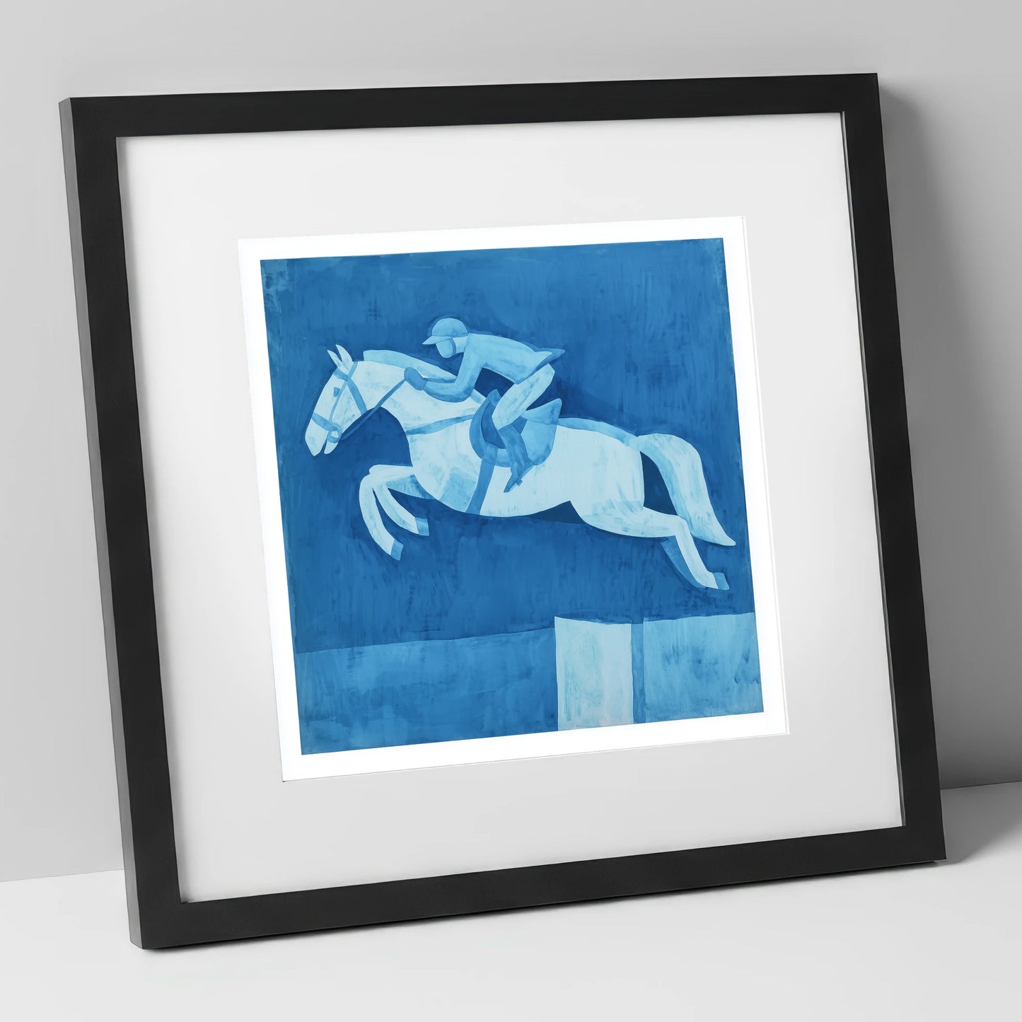 Azure Clear Round show jumping horse art print in black frame