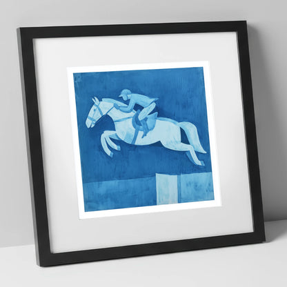 Azure Clear Round show jumping horse art print in black frame