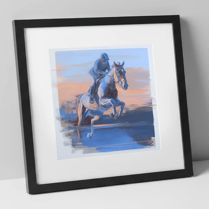 Cobalt Flight show jumping horse art print in black frame