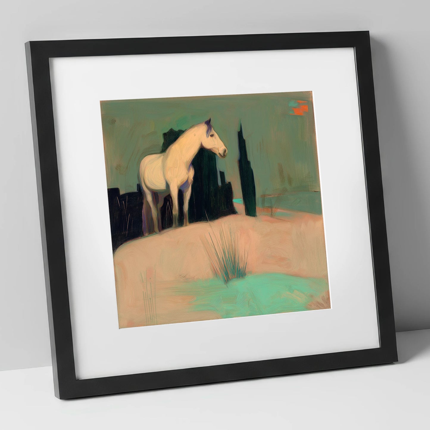 Dusk in the Cypress Grove horse landscape art print in black frame