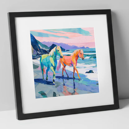 Vivid Coastal Companions horse landscape art print in black frame
