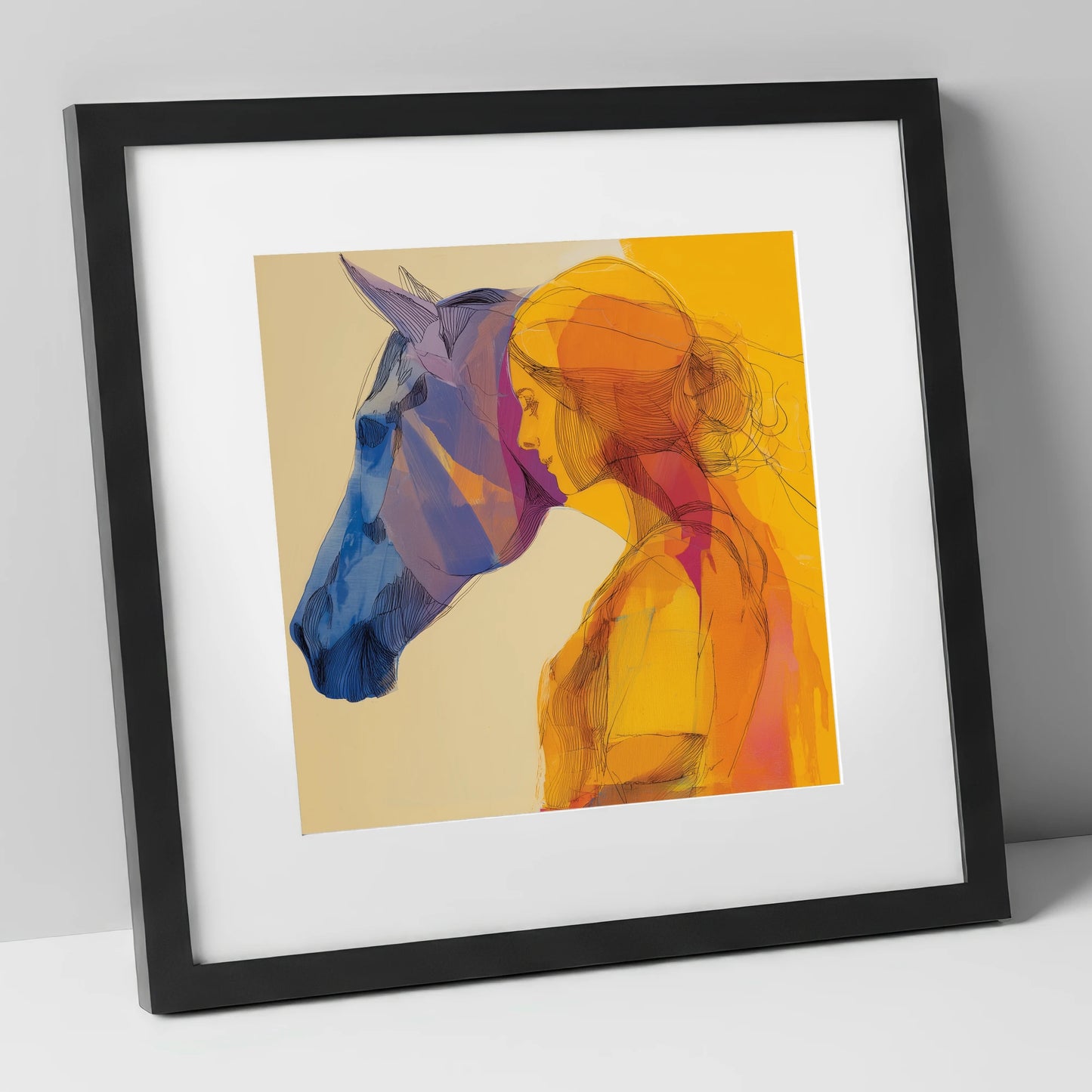Vibrant Bond horse & rider art print in black frame