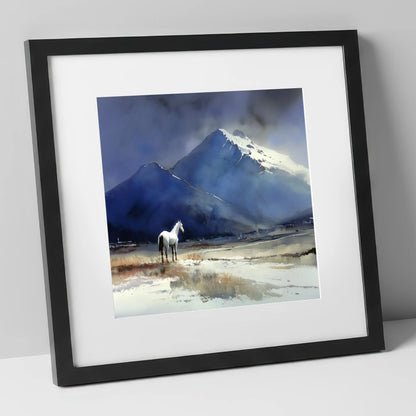 Winter Alpine Solitude horse landscape art print in black frame