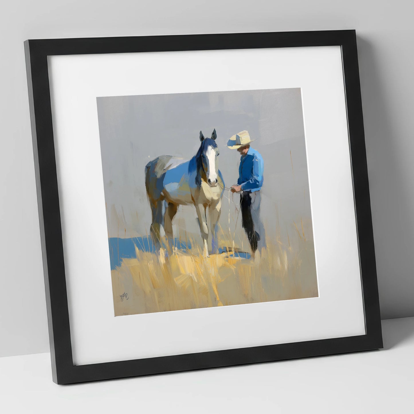 Sunlit Partnership horse & rider art print in black frame