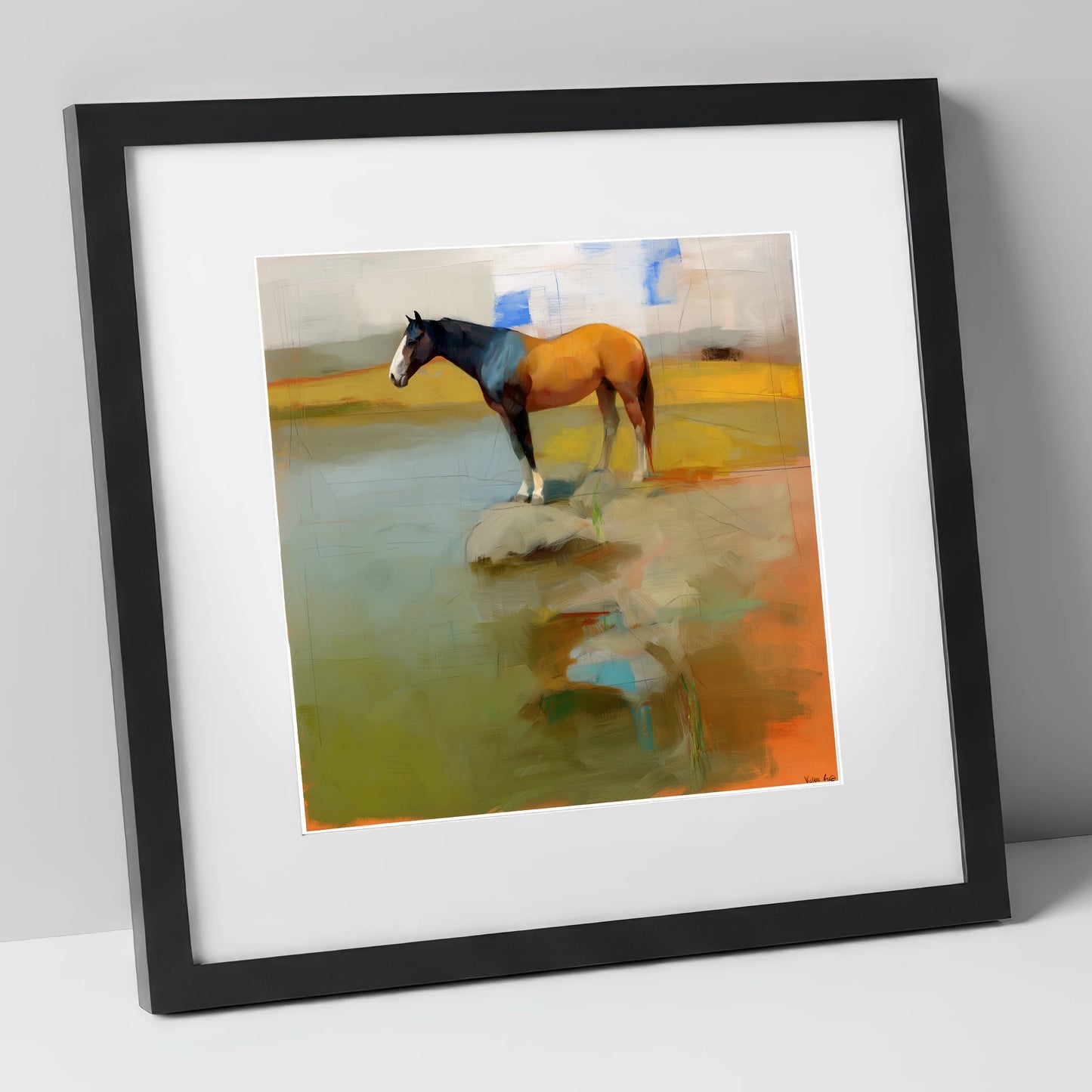 Vibrant Shoreline Reflection horse landscape art print in black frame