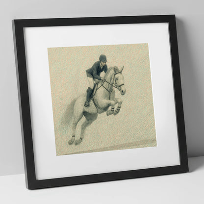 Precision in Flight show jumping horse art print in black frame