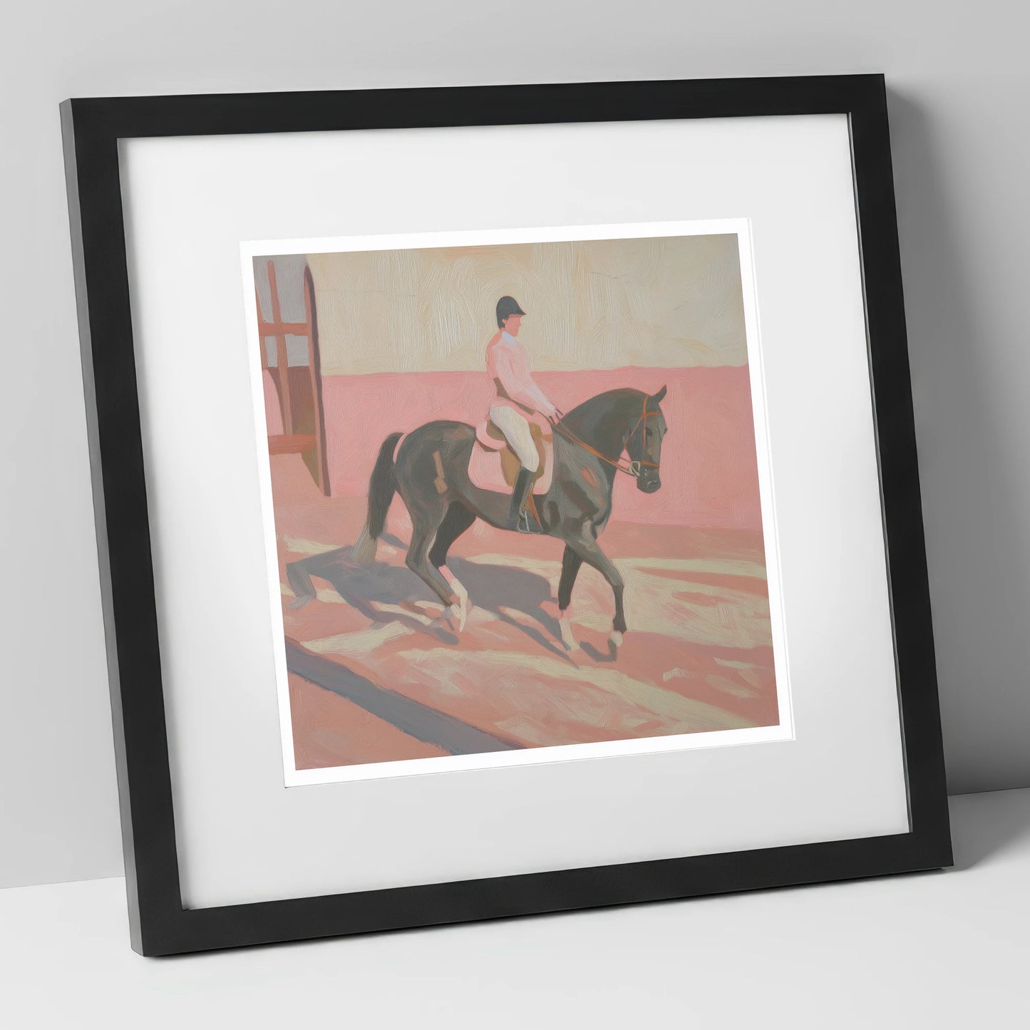 Dusty Pink Shadows dressage horse art print in black frame