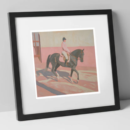 Dusty Pink Shadows dressage horse art print in black frame