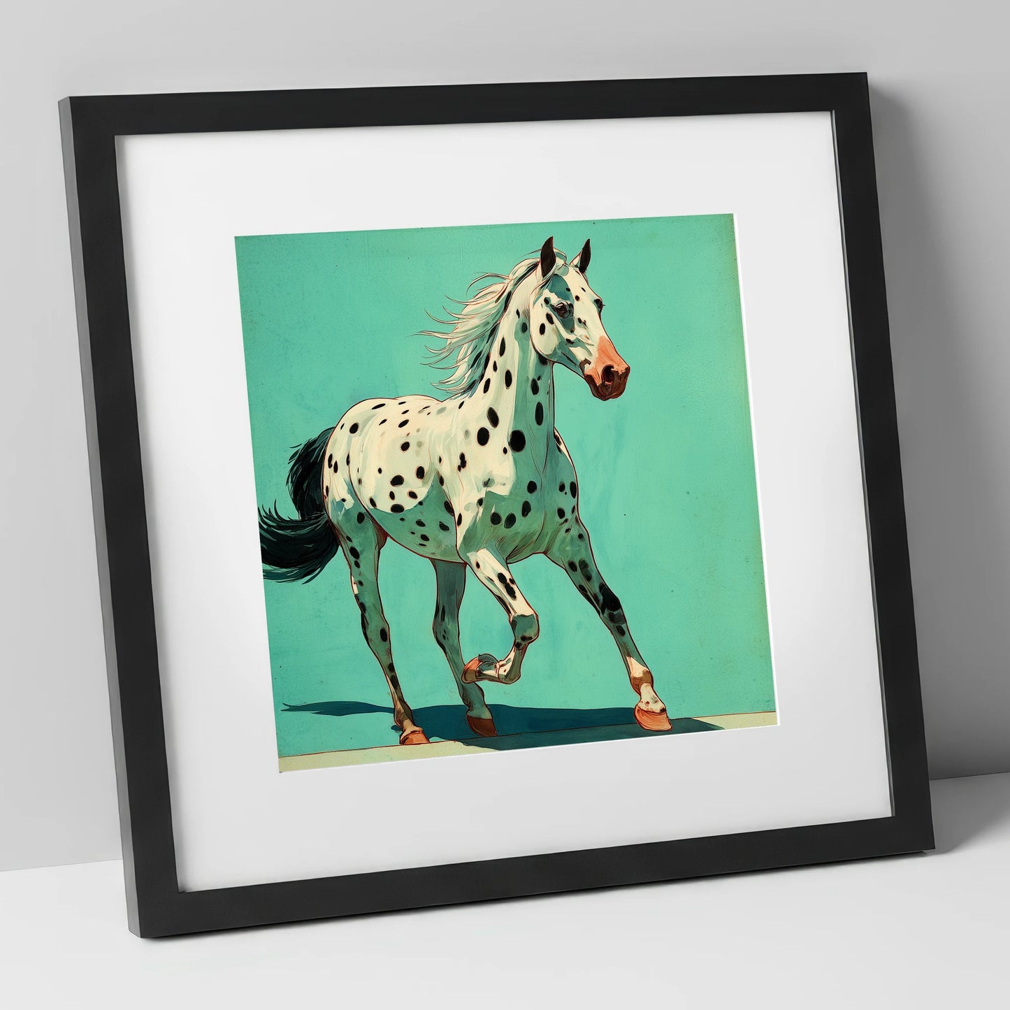 Teal Leopard Appaloosa horse breed art print in black frame