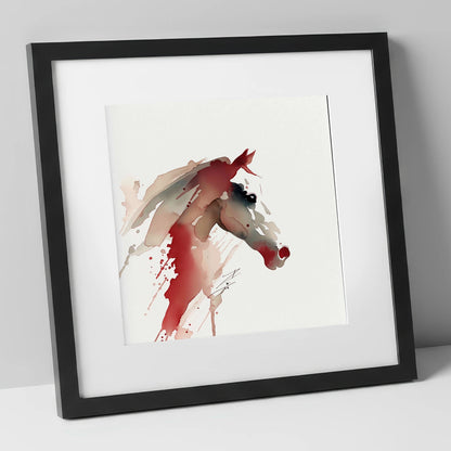 Crimson Momentum racing horse art print in black frame