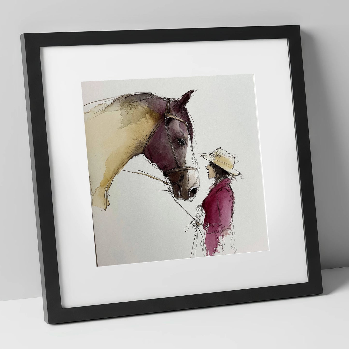 The Silent Dialogue horse & rider art print in black frame