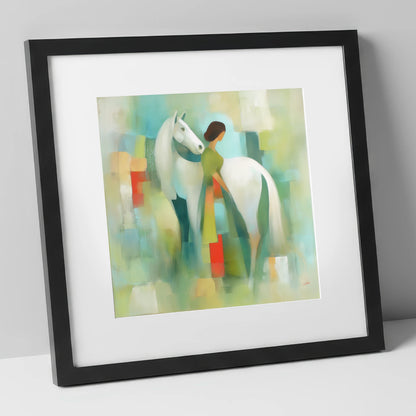 Verdant Harmony horse & rider art print in black frame