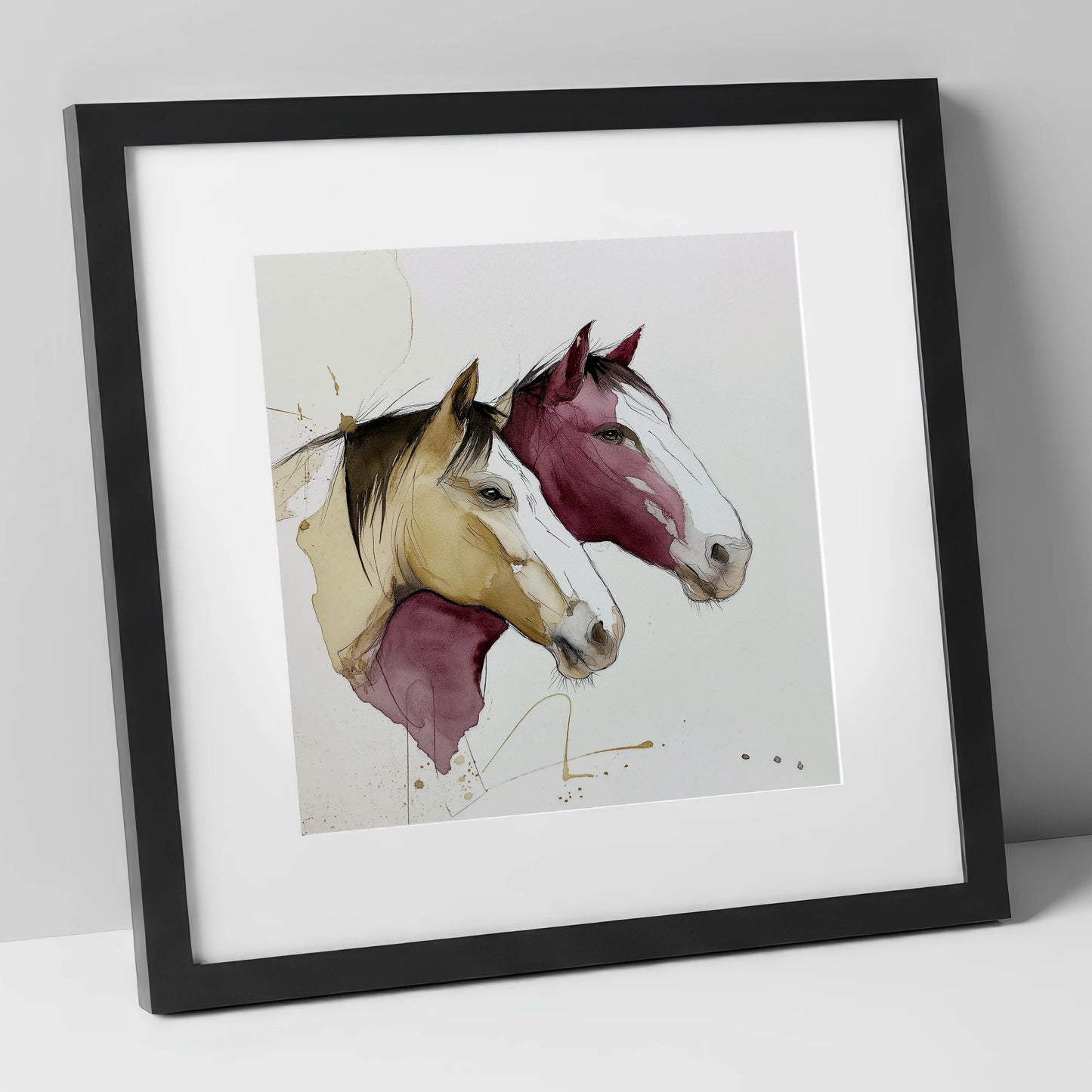 Earthy Equine Profiles wild horses art print in black frame