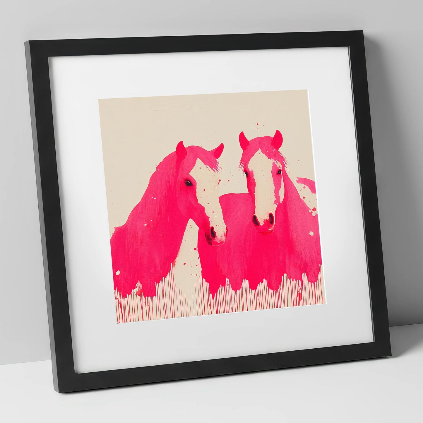 Vivid Magenta Pair horse landscape art print in black frame