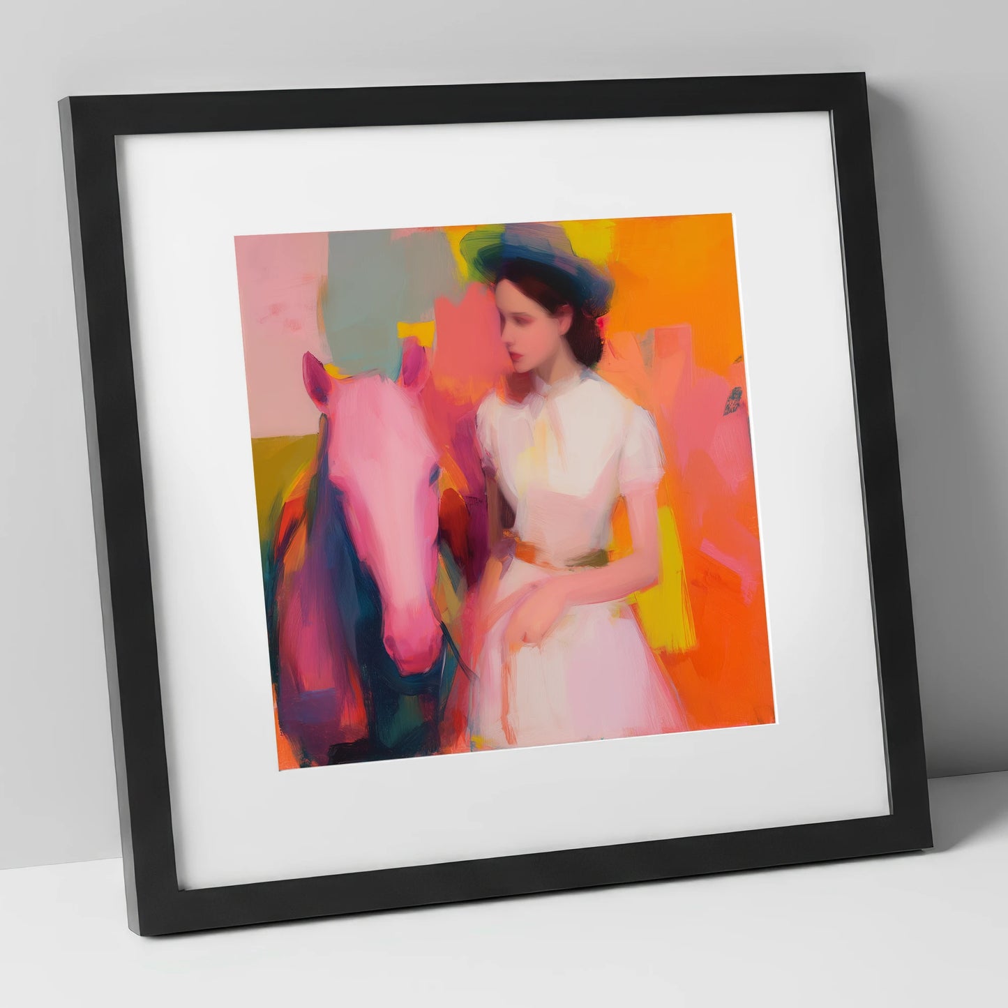 The Vibrant Companion horse & rider art print in black frame