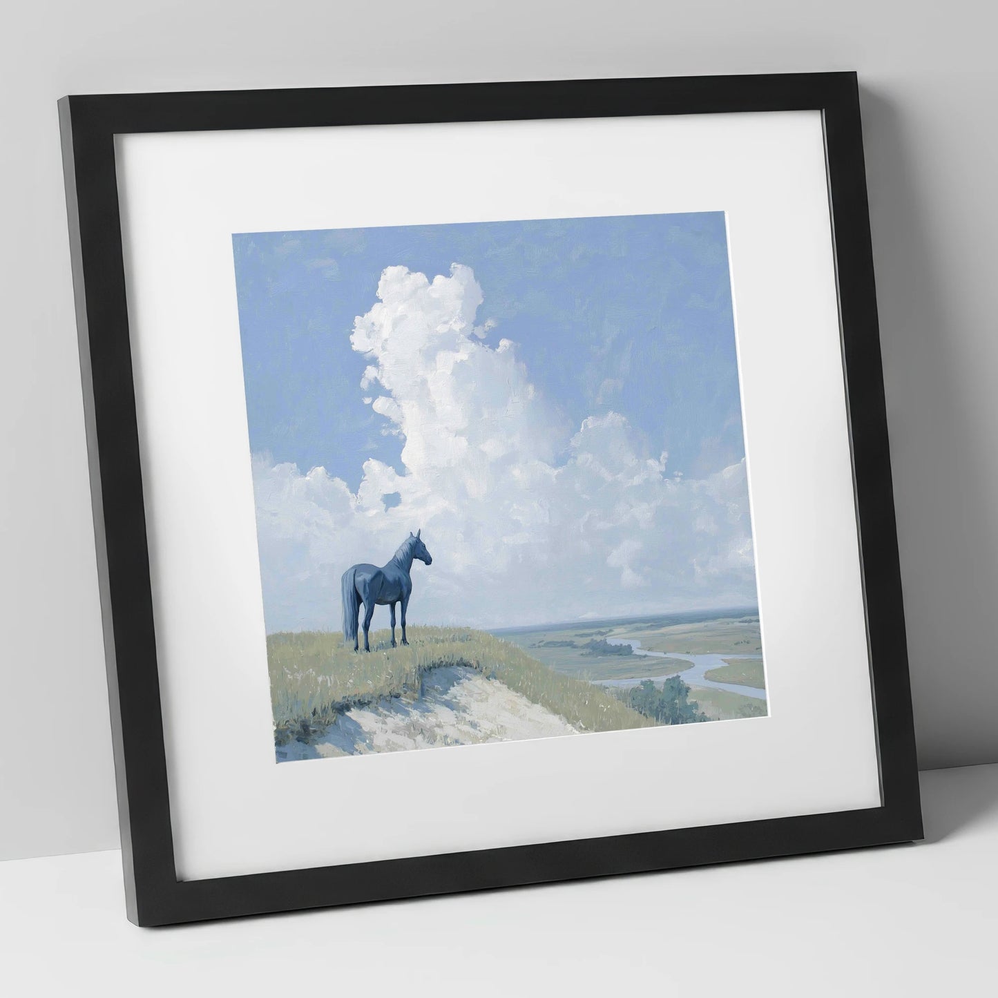 The Quiet Vantage horse landscape art print in black frame