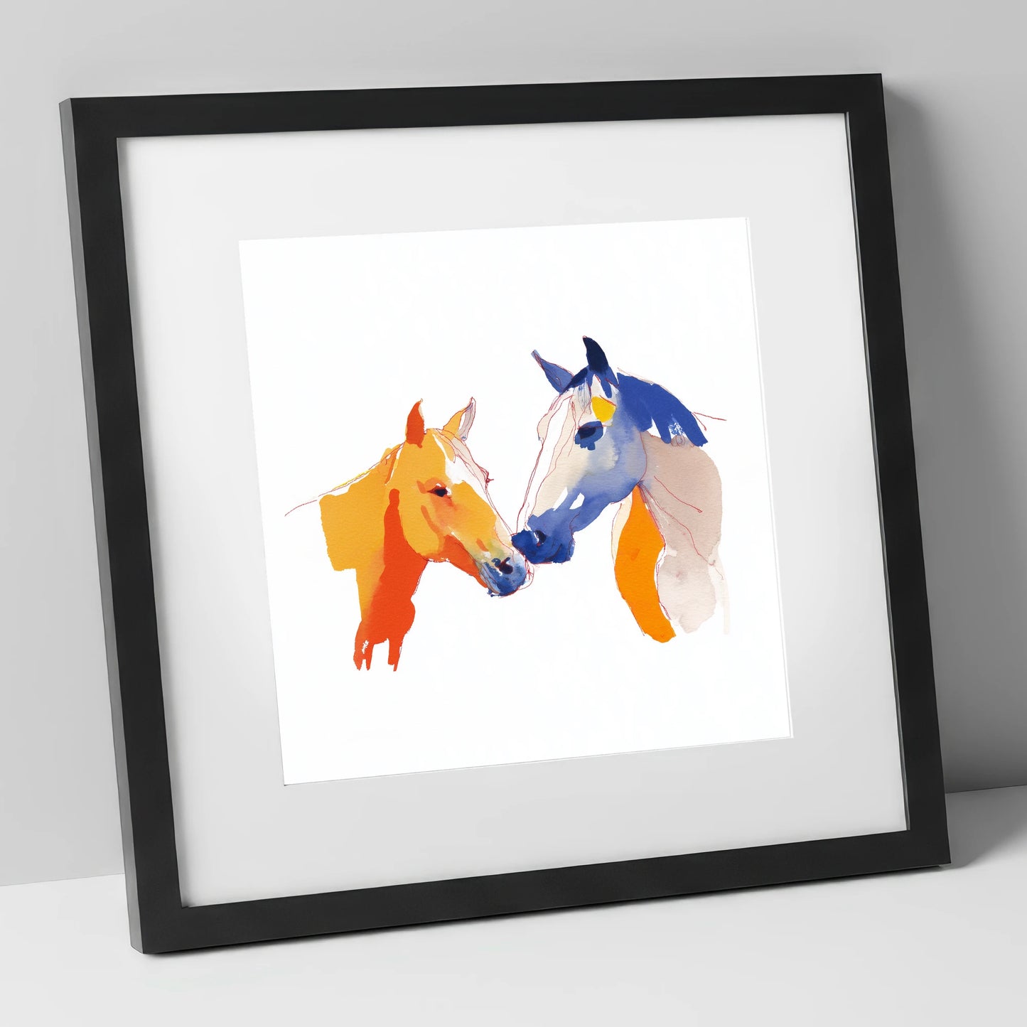 Vibrant Equine Bond horse portrait art print in black frame