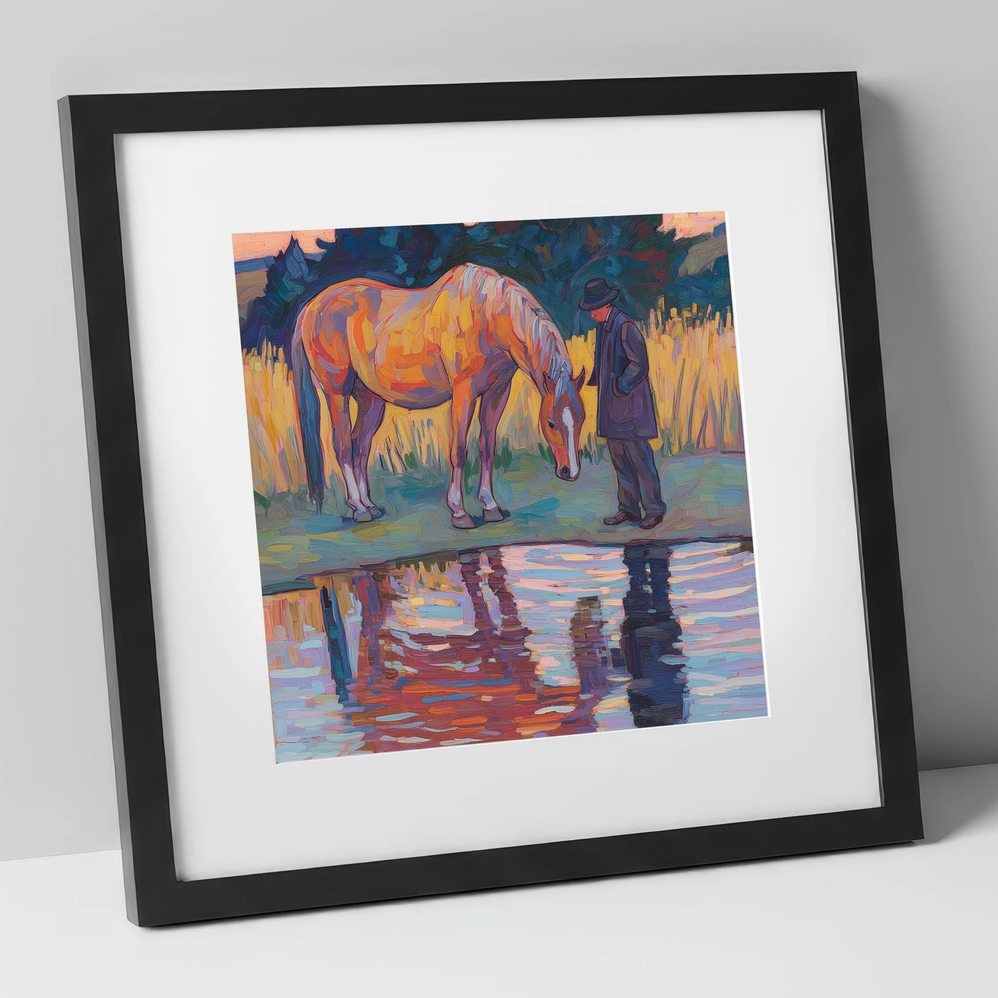 Quiet Reflections horse & rider art print in black frame