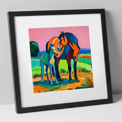 Vivid Bonds mare & foal art print in black frame