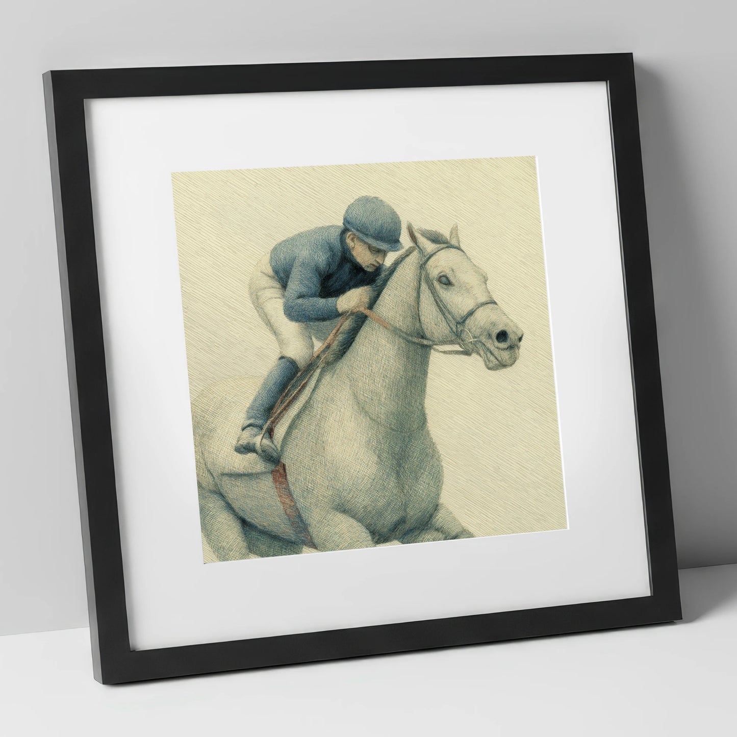 The Blue Silks racing horse art print in black frame