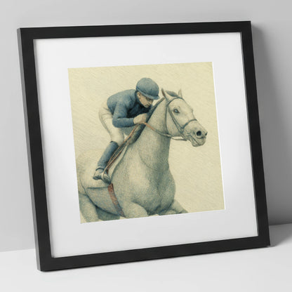 The Blue Silks racing horse art print in black frame