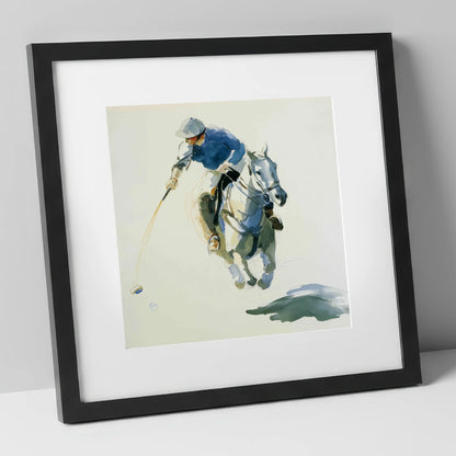 The Decisive Downward Swing polo horse art print in black frame