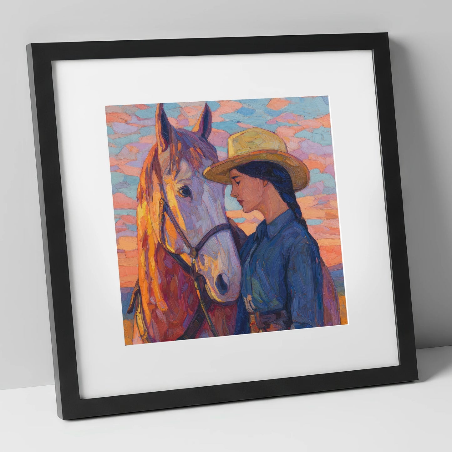 The Sundown Bond horse & rider art print in black frame
