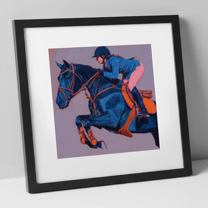 Flight in Indigo show jumping horse art print in black frame