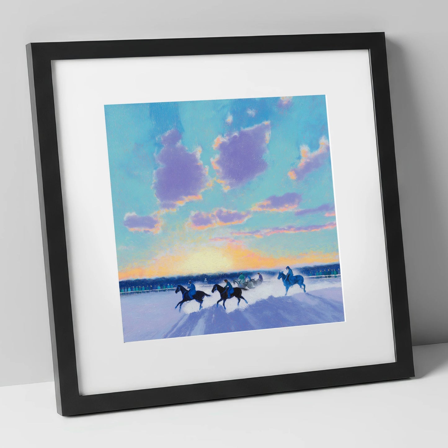 Winter Polo Dawn polo horse art print in black frame
