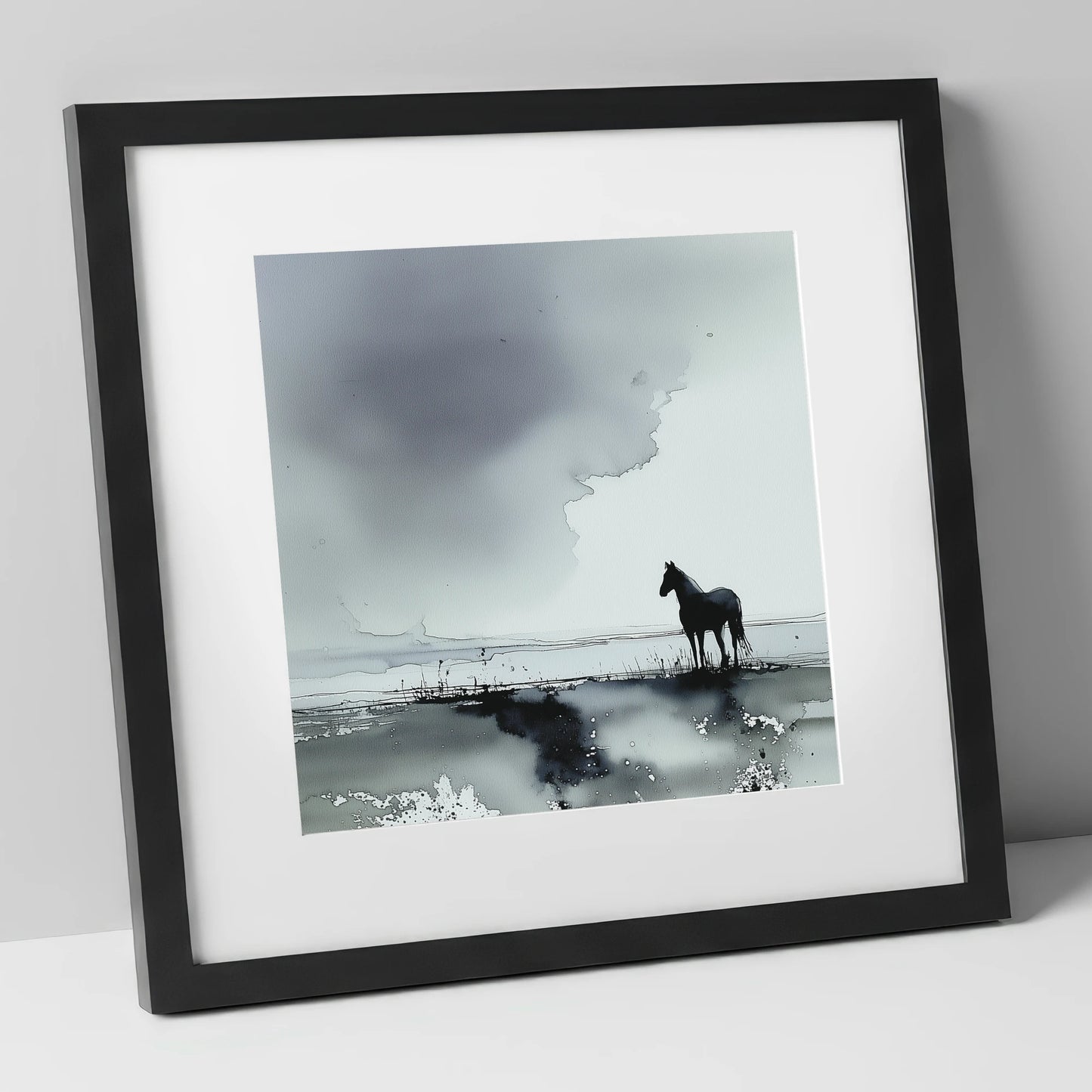 Quiet Grey Horizon horse landscape art print in black frame