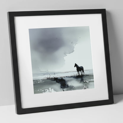 Quiet Grey Horizon horse landscape art print in black frame