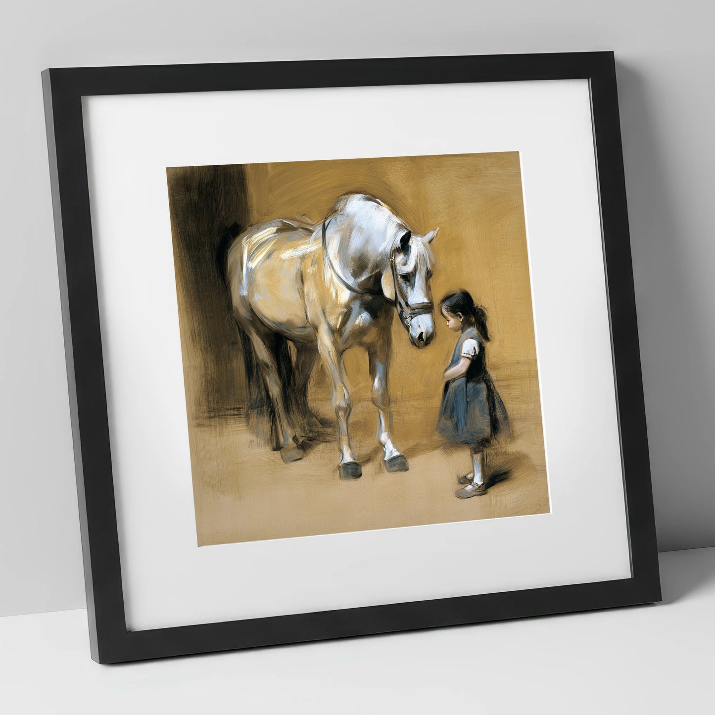 A Quiet Greeting horse & rider art print in black frame
