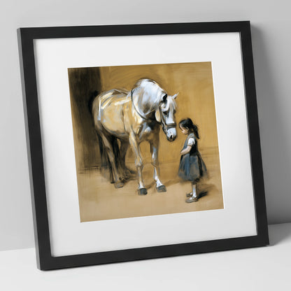 A Quiet Greeting horse & rider art print in black frame