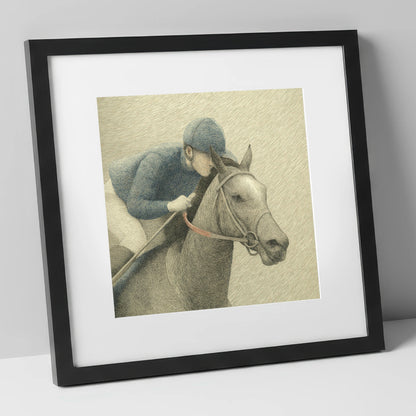 Focused Pursuit racing horse art print in black frame