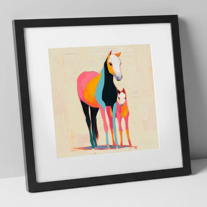 Vibrant Painted Bond mare & foal art print in black frame