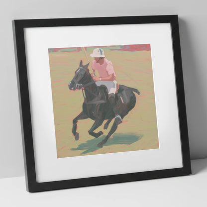 The Pink Chukka polo horse art print in black frame
