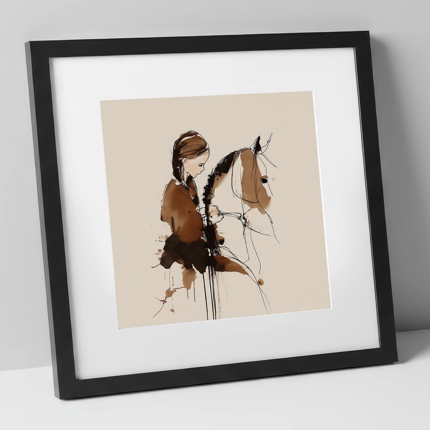 Quiet Bond horse & rider art print in black frame