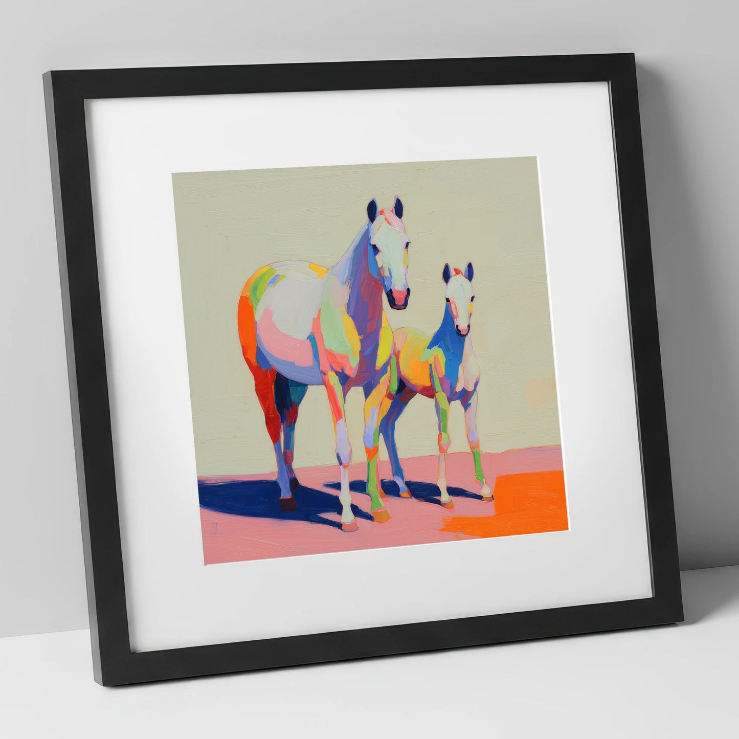 Technicolour Bond mare & foal art print in black frame