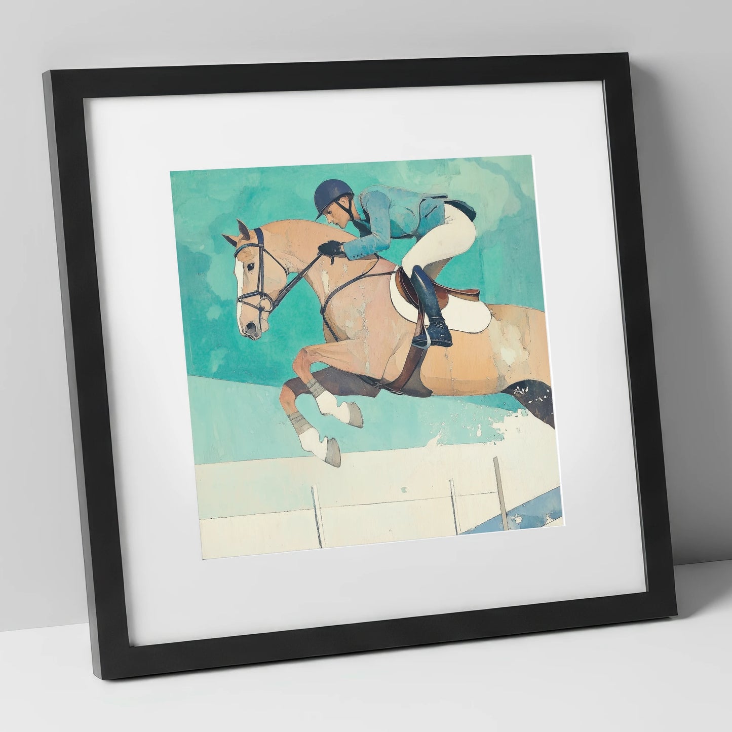 Aquamarine Flight show jumping horse art print in black frame