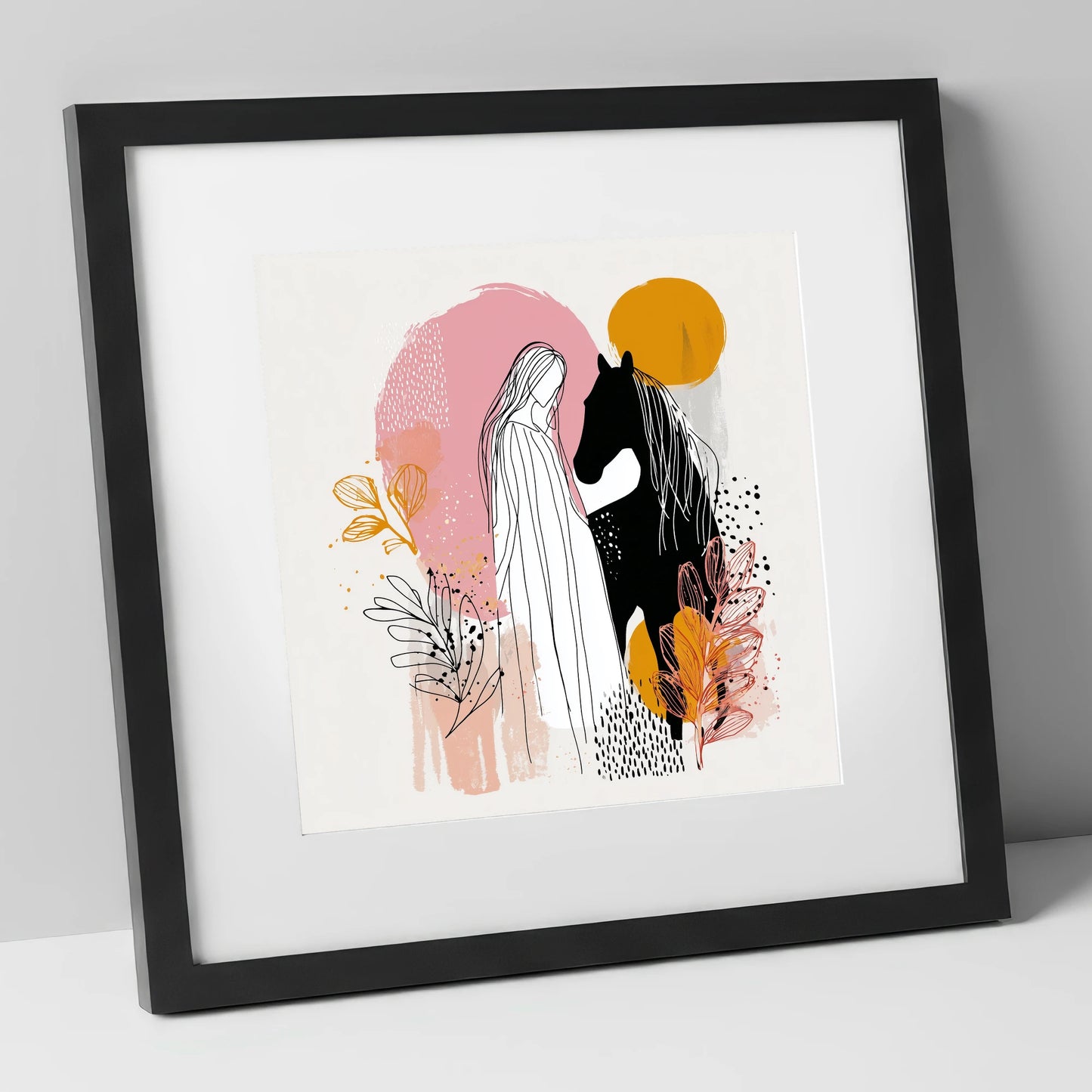 Abstract Equine Harmony horse & rider art print in black frame