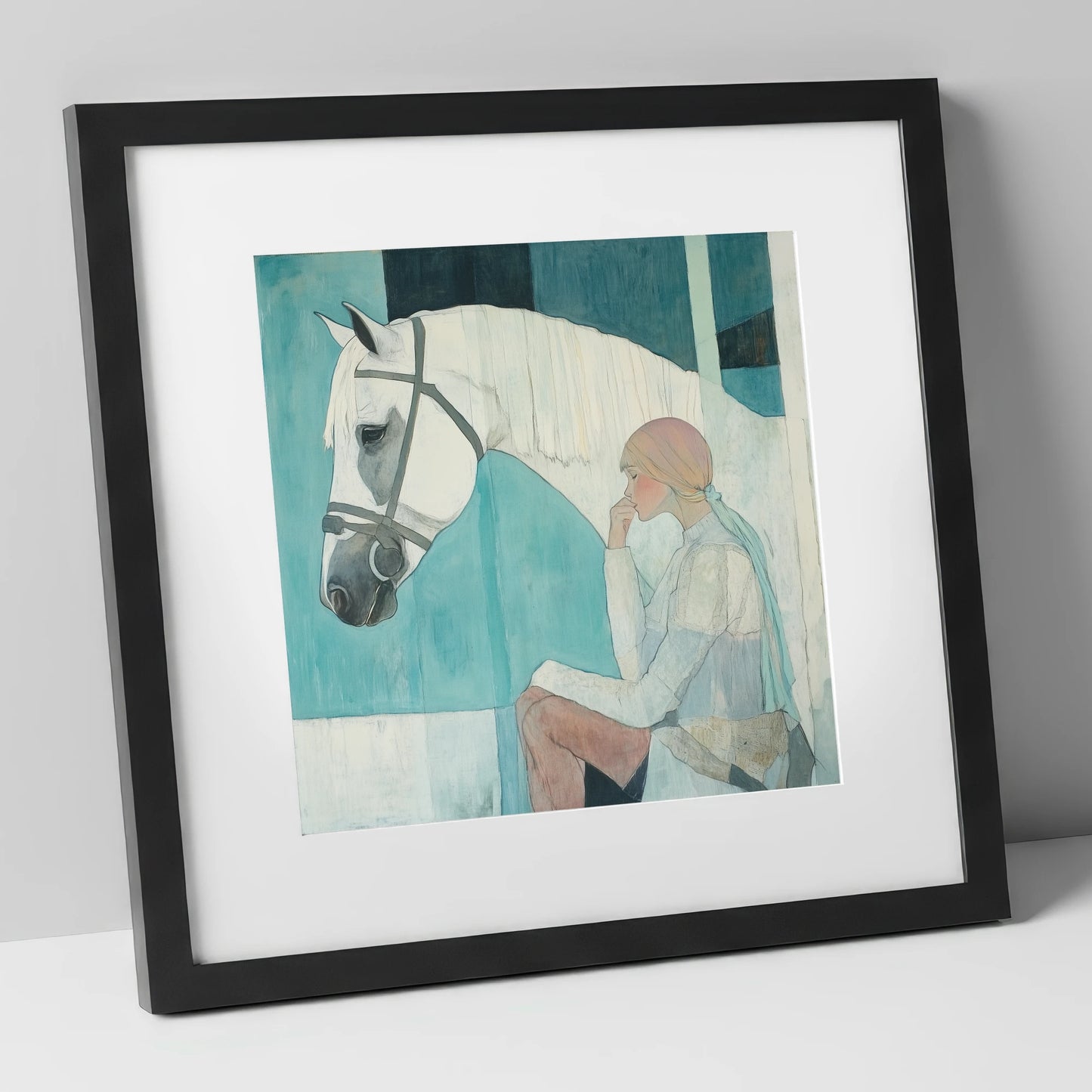Quiet Contemplation horse & rider art print in black frame