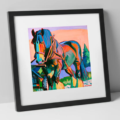 Vibrant Heavy Horse in Harness horse breed art print in black frame