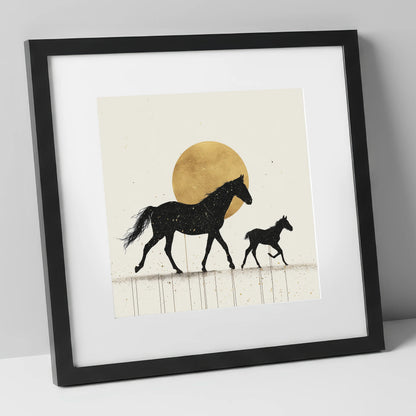 Celestial Mare and Foal mare & foal art print in black frame