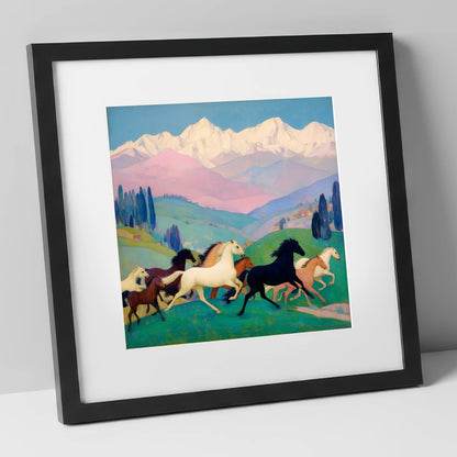 Vibrant Alpine Herd horse landscape art print in black frame