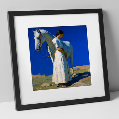 Under Azure Skies horse & rider art print in black frame