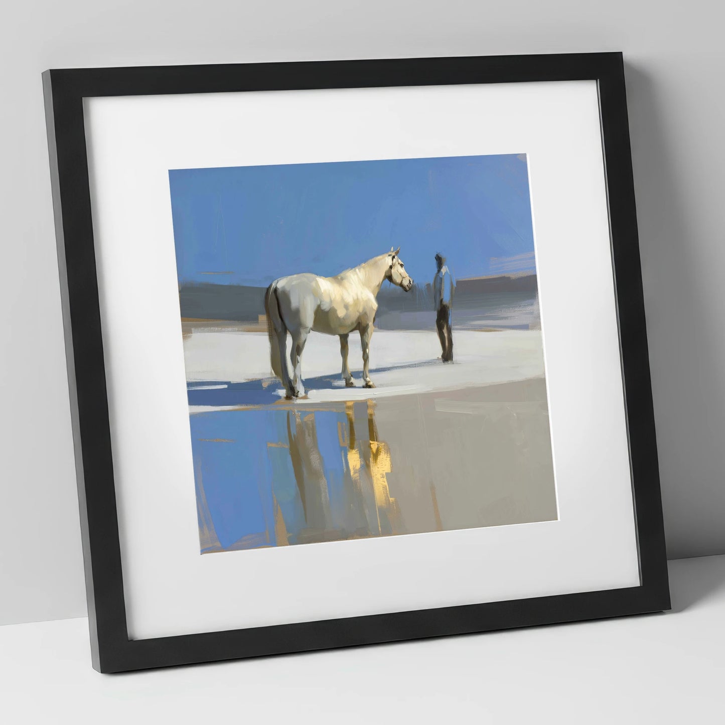 Shared Blue Horizon horse & rider art print in black frame