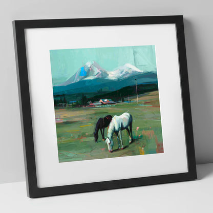 Companions Beneath the Peak horse landscape art print in black frame