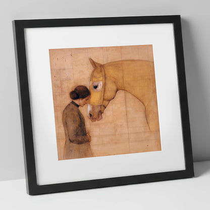 The Silent Language horse & rider art print in black frame