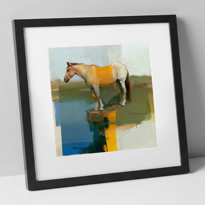 Geometric Waterside Reflection horse landscape art print in black frame