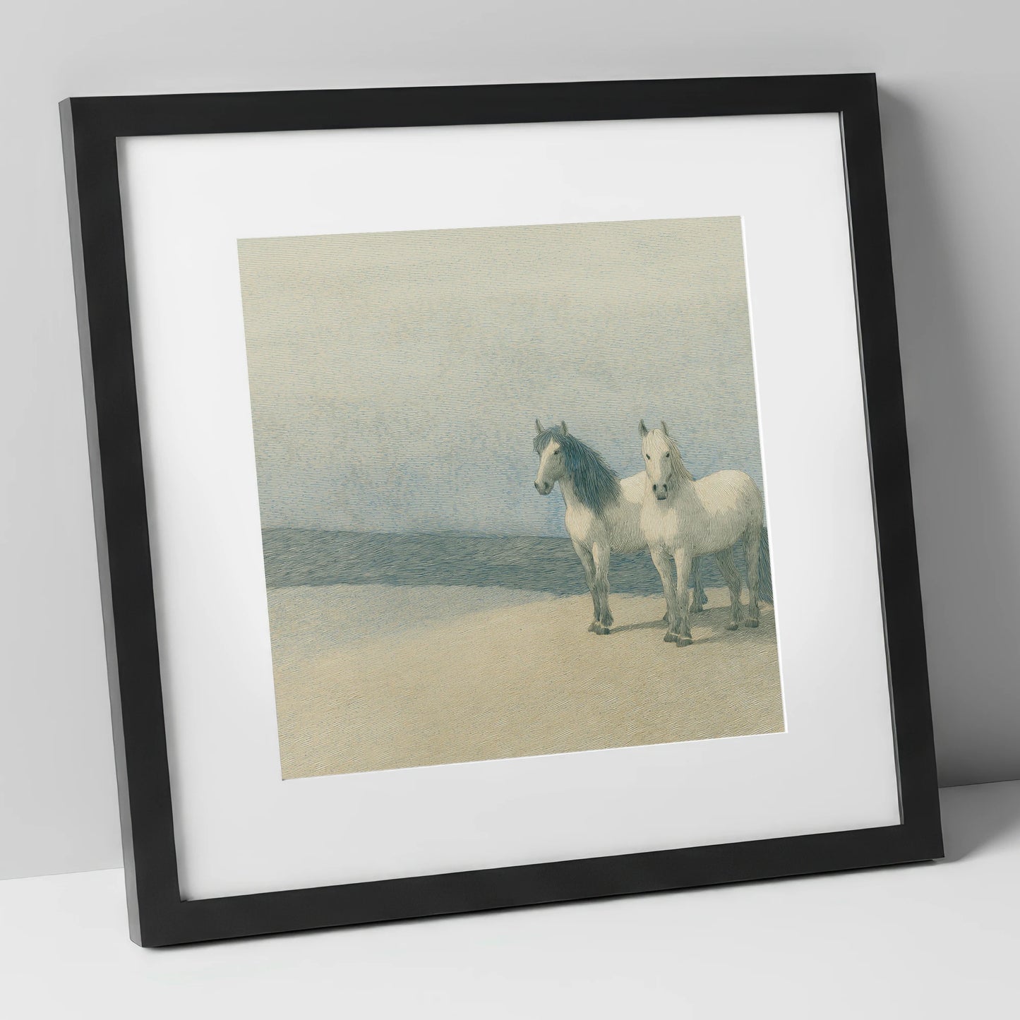 Slate Blue Companions horse landscape art print in black frame